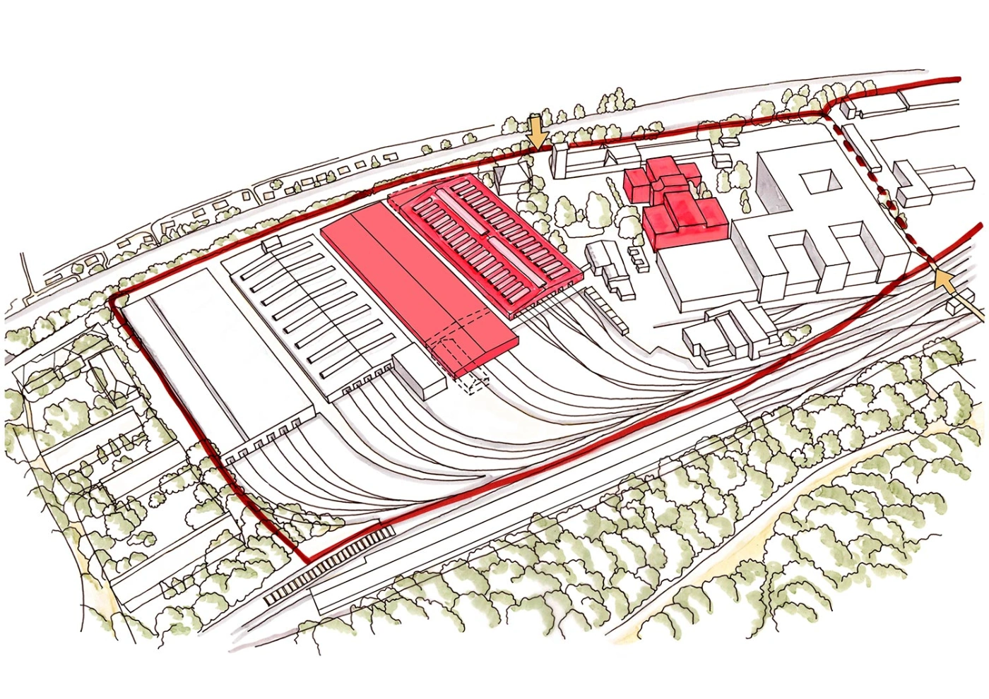 Eine Skizze einer Werkstatt inklusive Umgebung auf einer Art Karte.