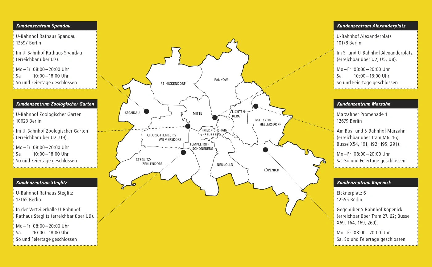 Eine Karte die die BVG-Kundenzentren darstellt