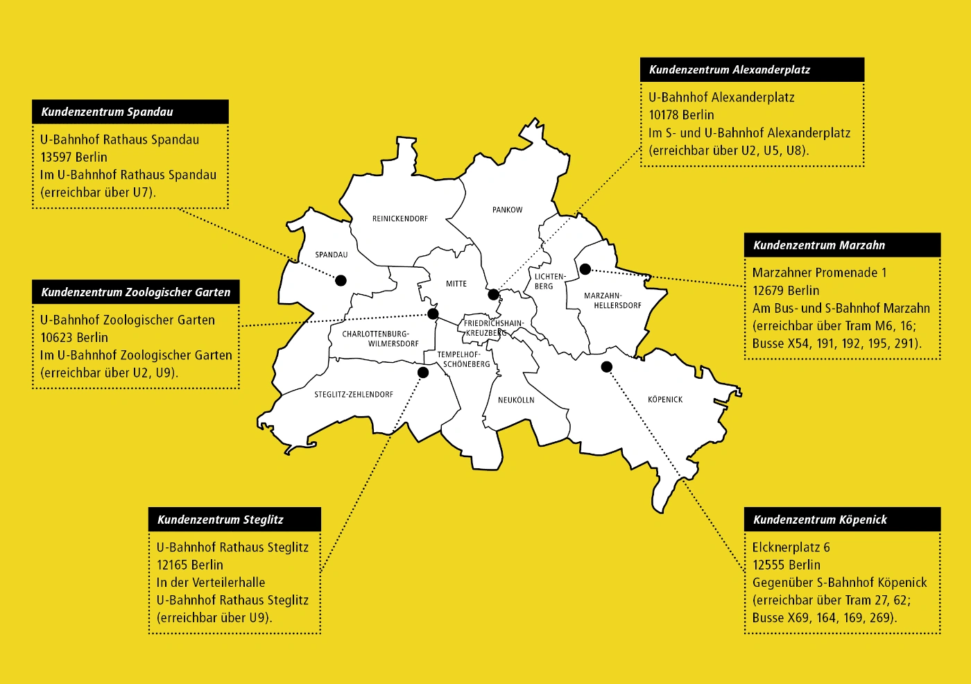 Karte von Berlin mit einer Übersicht über die Kundenzentren der BVG in Berlin.