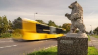 Im Vordergrund ist eine Statue des Berliner Bären zu sehen, im Hintergrund ein fahrender Bus der BVG.