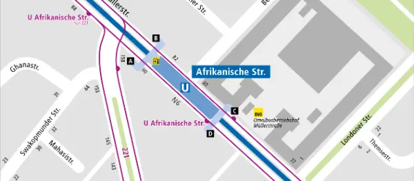 Die U-Bahnstation afrikanische Straße wird auf einem Kartenausschnitt gezeigt.