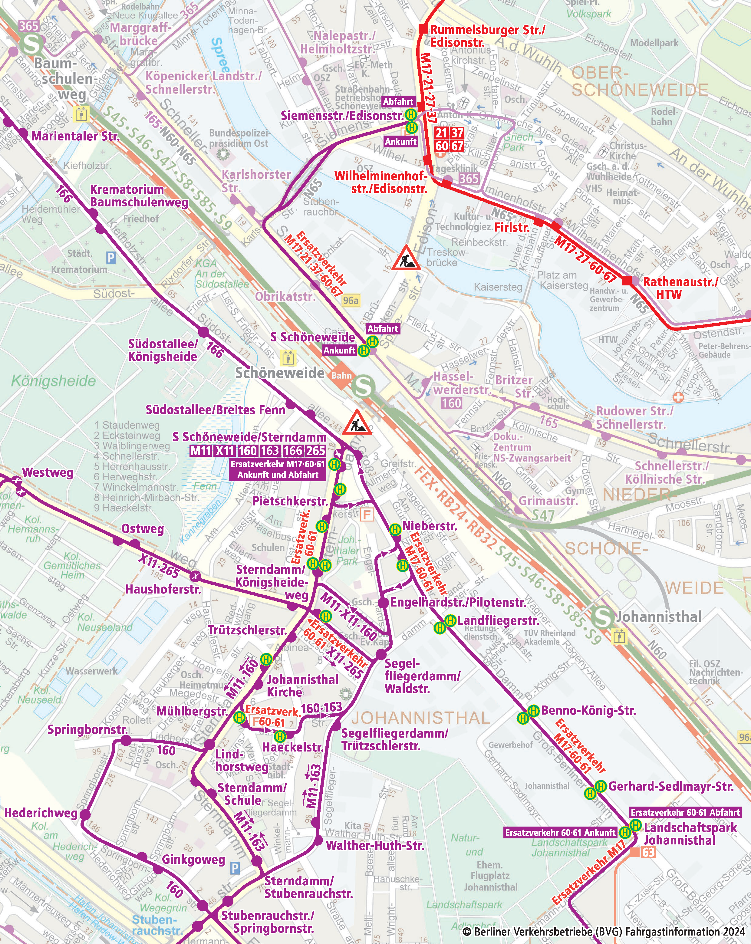 Baukarte Umleitung Bus M11, X11, 160, 163, 265 wegen Bauarbeiten Johannisthal/Sterndamm